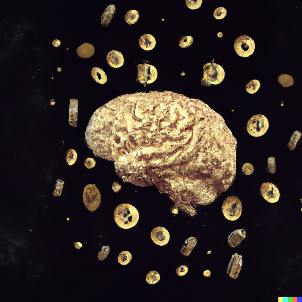 DALL·E prompt: gold brain made of bitcoins floating in space, digital art